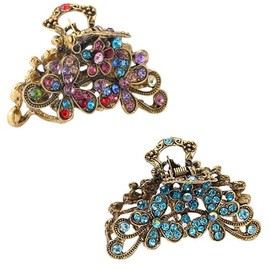 LilaLemon 2 PCS Vintage Hair Claw Clips，Shiny Rhinestone Claw Clip，Hollow Retro Flower Claw Clips，Metal Antique Silver Plated Hair Clips，Non Slip Hair Jaw Clips for Women Girls