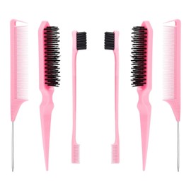 Slick Back Hair Brush Edge Brush, 6Pcs Teasing Comb Bristle Brushes, Bristle Hair Brush Edge Control Brush Teasing Comb,Hair Styling Comb Bristle Teasing Brush, Rat Tail Comb Dual Edge Brush, Pink