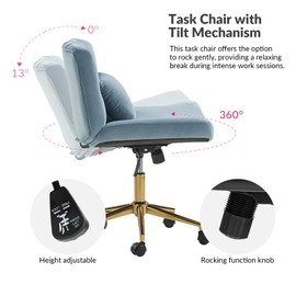 HULALA HOME Criss Cross Chair with Wheels, Criss Cross Legged Wide Seat Desk Chair, Lumbar Pillow, Blue