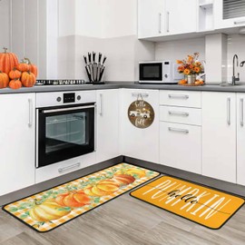 Hello Pumpkin Fall Kitchen Rugs Set of 2, Autumn Harvest Pumpkin Thanksgiving Decorative Rugs Seasonal Home Decor Kitchen Mats for Floor 17"x47"+17"x30"