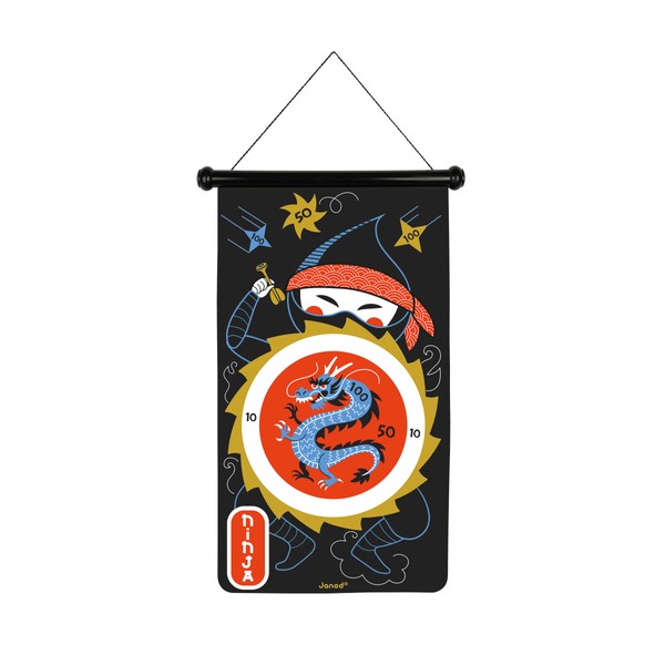 Janod Ninja-Themed 6 Plastic Darts-Double-Sided Fabric Hang-Up Magnetic Game-4 Years +, J02089, Multicolor
