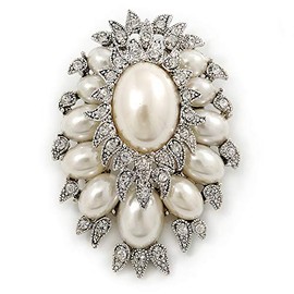 Oversized Vintage Corsage Faux Pearl Brooch (Light Cream) - 75mm Tall