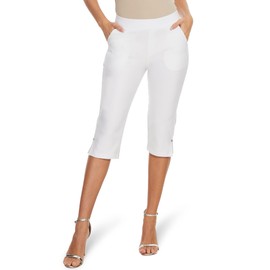 Ginasy Capri Pants for Women Casual Summer Dressy Capris for Seniors Ladies Pull On Stretch High Waisted Crop Work Leggings with Pockets White