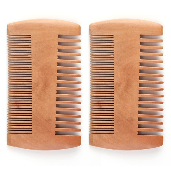 2Pcs Wooden Beard & Moustache Comb Set for Men - Anti-Static, Double Sided, Wide & Fine Teeth - Pocket Beard Comb, Perfect for Grooming & Detangling (Brown)
