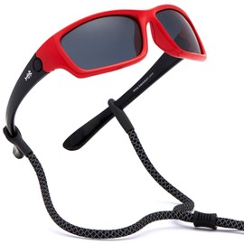 BASSDASH Kids Polarized UV400 Protection Sunglasses for Boys Girls with Adjustable Strap (Frame – Red & Gloss Black, Lens – Grey, VK01 3-12 years)