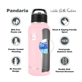 Pandaria Botella de agua aislada al vacío de 32 onzas con tapas y popotes de acero inoxidable al aire libre con boca ancha para bebidas calientes y frías, First Love
