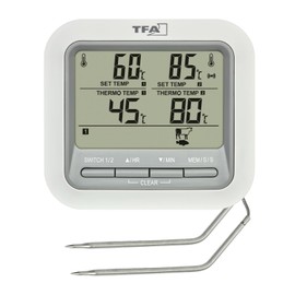 TFA Dostmann Digital Grill Thermometer Roasting Thermometer 14.1516 with 2 Stainless Steel Probes, Meat Thermometer for Oven and Grill, up to 300 °C, with Alarm Function, Beef/Pork/Chicken/Fish, White