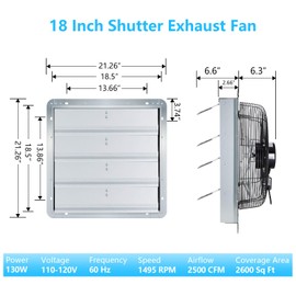 18 inch Shutter Exhaust Fan with Speed & Thermostat Control, 2600 SQ. Ft Coverage Area, 2500 CFM, Upgrade Powerful Wall Mount Attic Vent Fan for Greenhouse, Garage, Chicken Coops Ventilation Fans