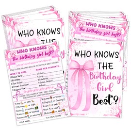 Who Knows The Birthday Best - Pink Birthday Party Games Card Set of 20 - Birthday Night Games Creative Idea - Pink Bow Themed Sleepover Slumber Party Supplies