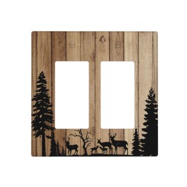 Rustic Deer Forest Pine Tree Brown Wood 2 Gang Double GFCI Rocker/Decorator Light Switch Cover Plate Decorative Wall Plate Electrical Faceplate Switchplate for Home Bedroom Decor 4.6 * 4.5 Inch