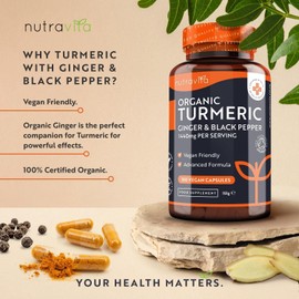 Organic Turmeric 1440mg with Black Pepper & Ginger (2 Packs of 180)- 360 Vegan Turmeric Capsules (6 Month Supply) – High Strength Organic Turmeric with Active Ingredient Curcumin - UK Made - Nutravita