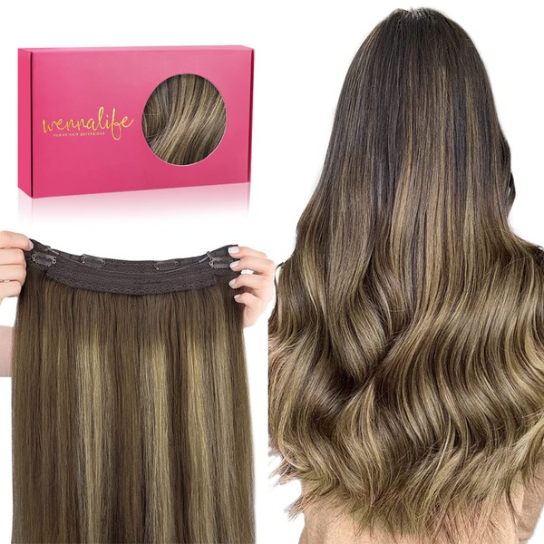 WENNALIFE Secret Hair Extensions Real Hair, 50 cm, 20 Inches 75 g Balayage Chocolate Brown to Caramel Blonde Hair Extensions Real Hair Invisible Wire Hair Extensions