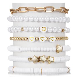 Yowivon White Preppy Heishi Surfer Bracelets Stretch Clay Beaded Pearl Stackable Bracelets for Women Trendy Stuff Cute Y2k Summer Beach Boho Bracelets Jewelry