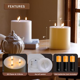 AFINETH Large Outdoor Candles with Remote Waterproof 6"x6" Flickering Flameless Candles with 3 Wicks Plastic Big Battery Operated Candle for Indoor Outdoor Use, Ivory