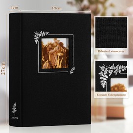 Lanpn Photo Album, Small Linen DIY Window Design, Scrapbook, 60 Blank Pages with Cellophane Dividers for Photos 9 x 13 cm, 10 x 15 cm, 13 x 18 cm (19 x 27 cm, Black)
