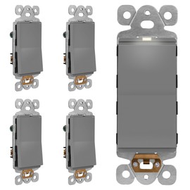 LIDER Minimalist Design Matte Finish Lighted Decorator Switch, Frameless Paddle Light Switch with Locator Light, Grounding Screw, 3-Way or Single Pole, 15A 120V, UL Listed, LS15-3W-GY5P, Gray, 5 Pack