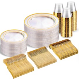 bUCLA 300Pcs Clear Gold Plastic Disposable Dinnerware Set - Clear Plates with Gold Trim Include 50 Dinner / 50 Dessert Plates,50 Cups,150 Plastic Silverware Set for Party&Wedding