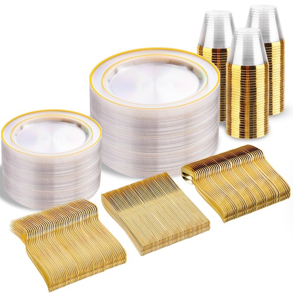 bUCLA 300Pcs Clear Gold Plastic Disposable Dinnerware Set - Clear