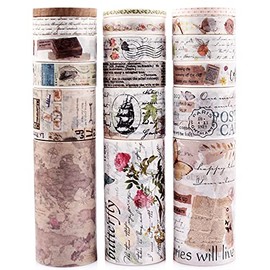 Juego de 18 rollos de cinta Washi vintage, 75/30/15/10/5 mm de ancho, diseño floral, letras antiguas, retro, decorativas, juegos de cinta adhesiva para álbumes de recortes, manualidades, niños, suministros para álbumes de recortes