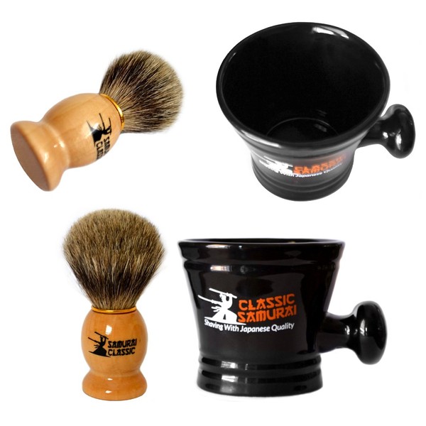 Classic Samurai Men Premium Shaving Set - Synthetic Shaving Brush and Classic Samurai Porcelain Shaving Mug