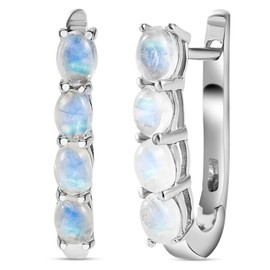 TJC Sterling Silver Moonstone Hoop Earrings for Women with Birthstone Earrings Sterling Silver with Platinum Plating | Fish Hook Silver Earrings for Women | Prong Setting Gemstone Silver Earrings