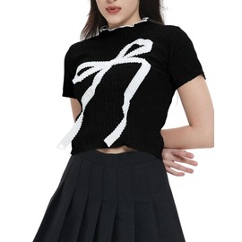 Quzak Bow Tops for Women Cropped Short Sleeve Sweater Shirts Pullover Crewneck Knit Summer Spring Fashion Casual Outfits (US, Alpha, X-Small, Medium, Regular, Petite, Black)