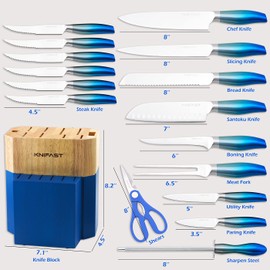 Knife Set With Block, KNIFAST Full Tang 17-Pieces Kitchen Knife Set With Block Wooden German Stainless Steel Cutlery With Knife Sharpener & 6 Steak Knives (Blue)