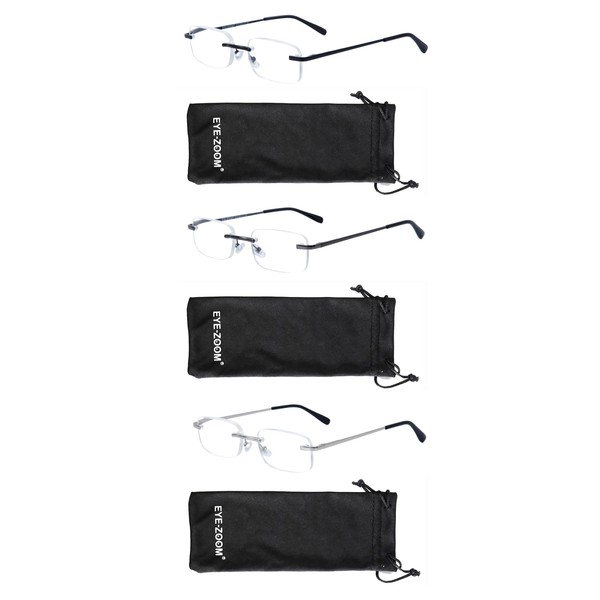 EYE ZOOM 3 Pack Classic Rectangluar Metal Frame Rimless Reading