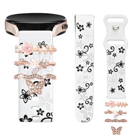 20mm Floral Engraved Watch Band for Garmin Vivoactive 6/Vivoactive 5/3/3 Music Women, Soft Silicone Sport Strap with Decorative Accessories for Garmin Forerunner 570 42mm/55/165/245/645(White)