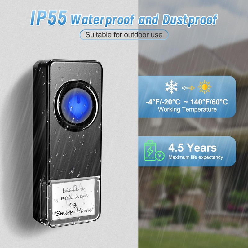Bitiwend Wireless Doorbell, Waterproof Wireless Doorbell, 2 Transmitters and 3