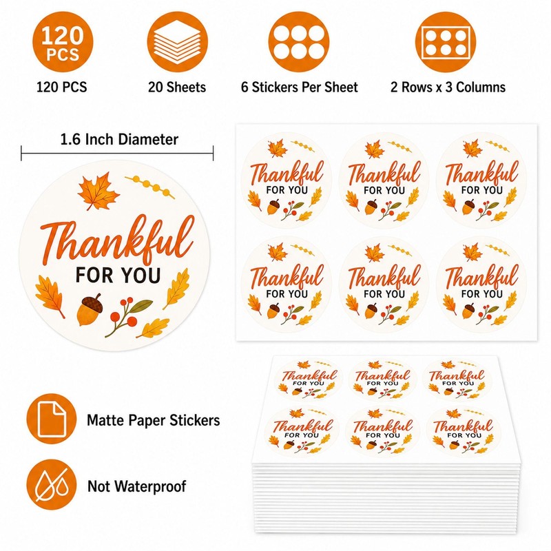 Thanksgiving Thank You Favor Stickers: 120 Fall Paper Stickers