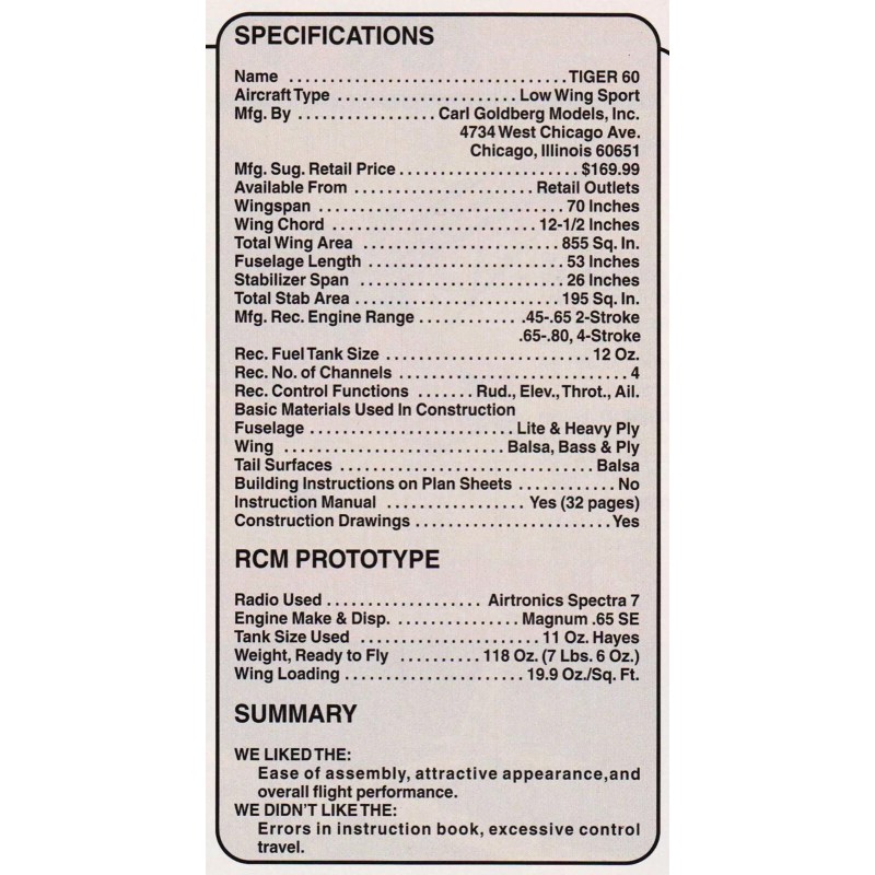 Carl Goldberg Model Airplane Plans (RC): TIGER 60 70" Wingspan