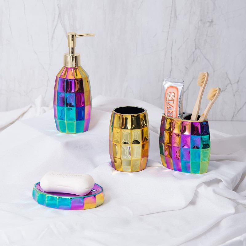 Rainbow Bathroom Accessory Set, Colorful/Gold Mosaic Ceramic Bathroom Accessories Sets