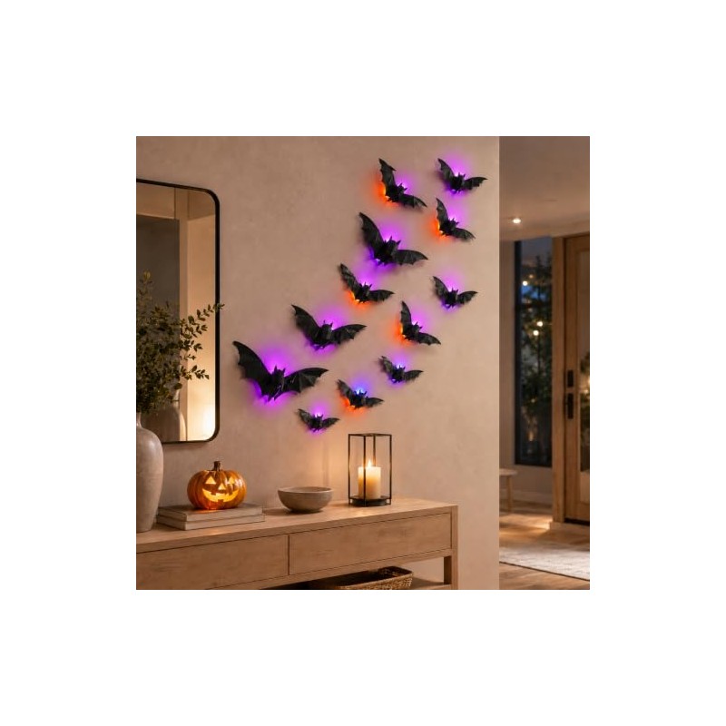 KIROGILY Halloween Decoracion, 24 murcielagos con luz 3D para Decoracion