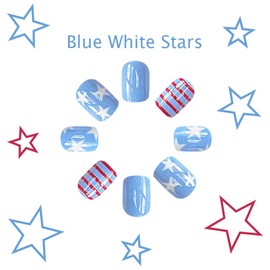 24 Pcs Cute Press on Nails Short Fake Nails Square False Nails White Star Stick on Nail Blue Nails Red stripe Design Full Cover Y2K Style Glue on for Women Girls Artificial