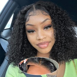 Amygirl Wear and Go Glueless Human Hair Pre Plucked Pre Cut Bob 4x4 Deep Wave Lace Front Wigs 180% Density No Glue Human Hair Wigs for Black Women, Natural Black 1B, 12 Inch