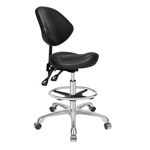 Kaleurrier Ergonomic Rolling Swivel Saddle Stool with Wheels,Hydaraulic Pneumatic Lifting Height Adjustable Chair for Clinic Hair Salon Massage Lab Home Office (Black, with Back & Footrest)