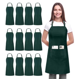 Utopia Kitchen 12 Pack Bib Apron Adjustable with 2 Pockets, Water and Oil Resistant, Cooking Kitchen Chef Apron for Women Men, Green