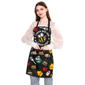 BDPWSS Lunch Lady Aprons With Pockets School Lunch Lady Gifts Cafeteria Crew Gift I Love Bee-ing A Lunch Lady Cooking Apron (Lunch lady beeing apron)