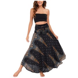 Women's Bohemian Maxi Skirt Asymmetries Beach Skirt Ethnic Style Floral Pattern Long Skirt A-line Midi Dress Two Way to Wear Soft Thin Cool Breathable Summer Skirt, G Peacock Feather Pattern - Black