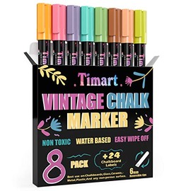 TIMART 8 Pack Liquid Chalk Markers, Bold Wet & Dry Erase Marker Pens - Chalk Markers for Chalkboards Signs, Blackboards, Windows, Glass- 6mm Reversible Tip, 24 Chalkboard Labels Included (Vintage)