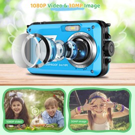 Underwater Camera with 32GB Card Waterproof Camera 10FT 30MP FHD 1080P Compact 16X Digital Zoom Underwater Kids Digital Camera for Snorkeling, Blue