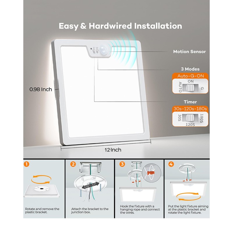 Annaror 12in Motion Sensor Ceiling Light Wired, 3000K 4000K 5000K