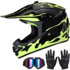 Youth Kids Dirt Bike Helmet for Boys & Girls,F001 Full Face Motorcycle Helmet for Off-Road ATV Street Riding Four Wheeler Mountain Bike with Goggles Gloves,DOT Approved(Yellow Flame,L)