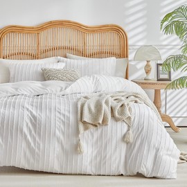 Lekesky White Duvet Cover King Size, Striped Tufted Textured King Duvet Cover Set 3pcs Ultra Soft Microfiber Breathable Shabby Chic Boho Bedding Sets with Zipper Ties (No Comforter)