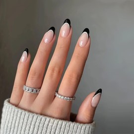 24PCS Short False Nails with Glue Stickers, Almond Full Cover Acrylic Nails Press on Nails no Glue,Black Edge French Fake Nails Stick on Nails for Women and Girls Nail Art