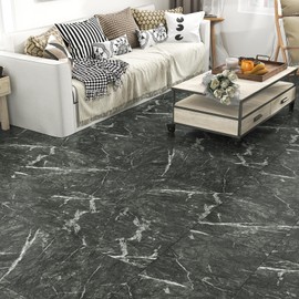 Wallercity 5PCS Black Marble Vinyl Flooring Peel and Stick Floor Tiles for Bathroom Stick on Tile Floor Stickers Self-Adhesive Waterproof Non-Slip Flooring Tile Sheets for Balcony Kitchen 12''x12''