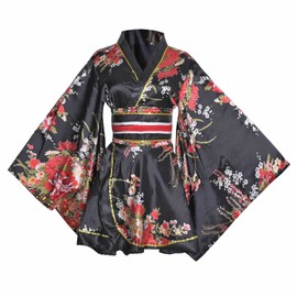 Resnan Women's Floral Print Traditional Japanese Kimono Short Robe Set Satin Bathrobe Sleepwear Tabi Socks Yukata Costume (Black01)