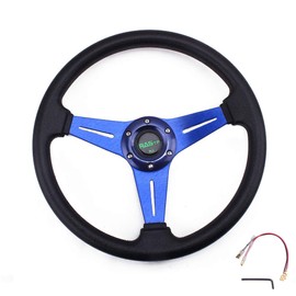 RASTP Universal Racing Steering Wheel 13.8”/350mm 6 Bolts Grip Vinyl Leather & Aluminum with Horn Button for Car - Blue