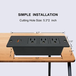 USB C Conference Recessed Power Strip 20W, 3 Outlets 2 USB Fast Charge(PD 20W&QC 18W) Mountable Flat Plug 10ft Extension Power Cord for Nightstand Cabinet Sofa Table Couch
